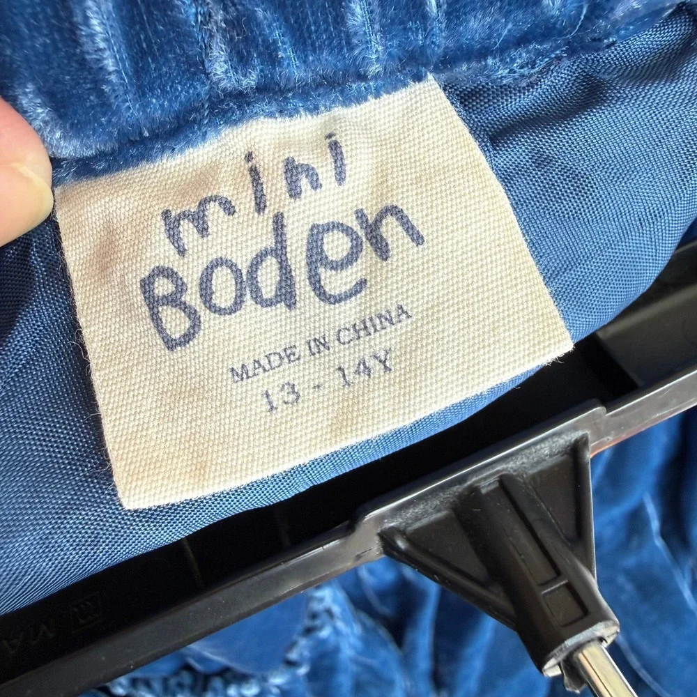 Mini Boden Girls Blue Velvet Tiered Ruffle‎ Mini Skirt Size 13-14Y Holiday Party